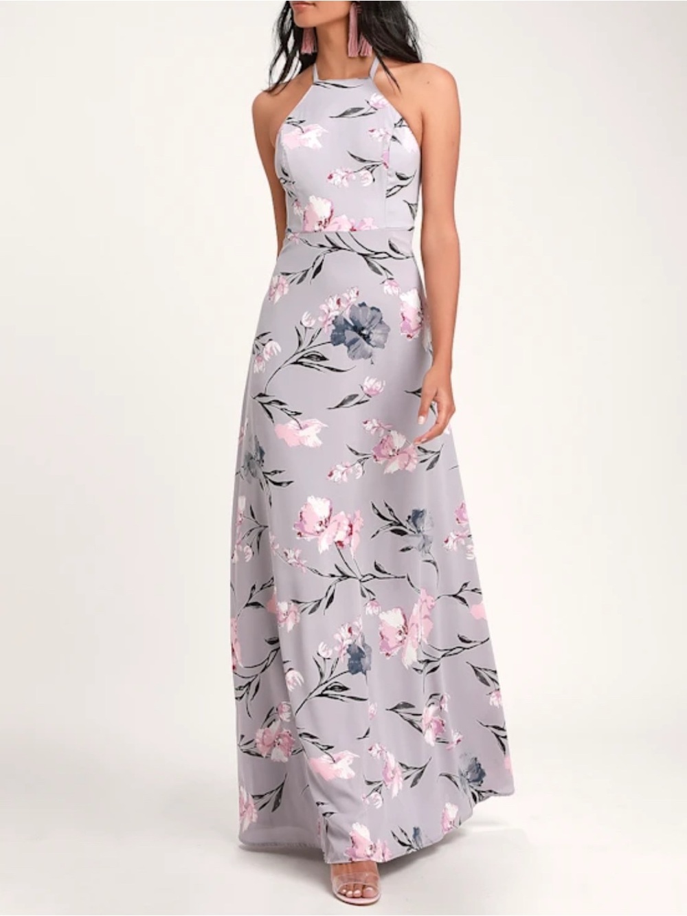 Lulu’s Antonella Dusty Lavender Floral Print Maxi Dress, Women’s Size S
